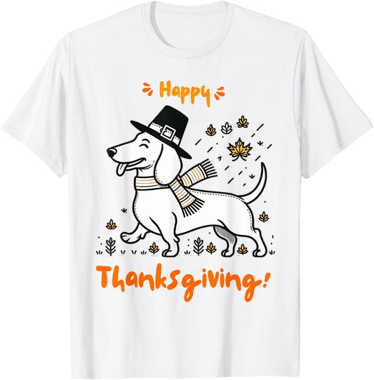 Happy Thanksgiving Pilgrim Dachshund Dog Men Women Girl Boy T-Shirt - T-Shirt | White