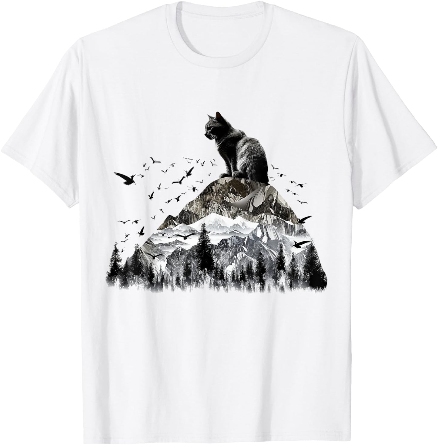 Cat Mountains Bird Artwork | Animal Motif Cat T-Shirt - T-Shirt | White