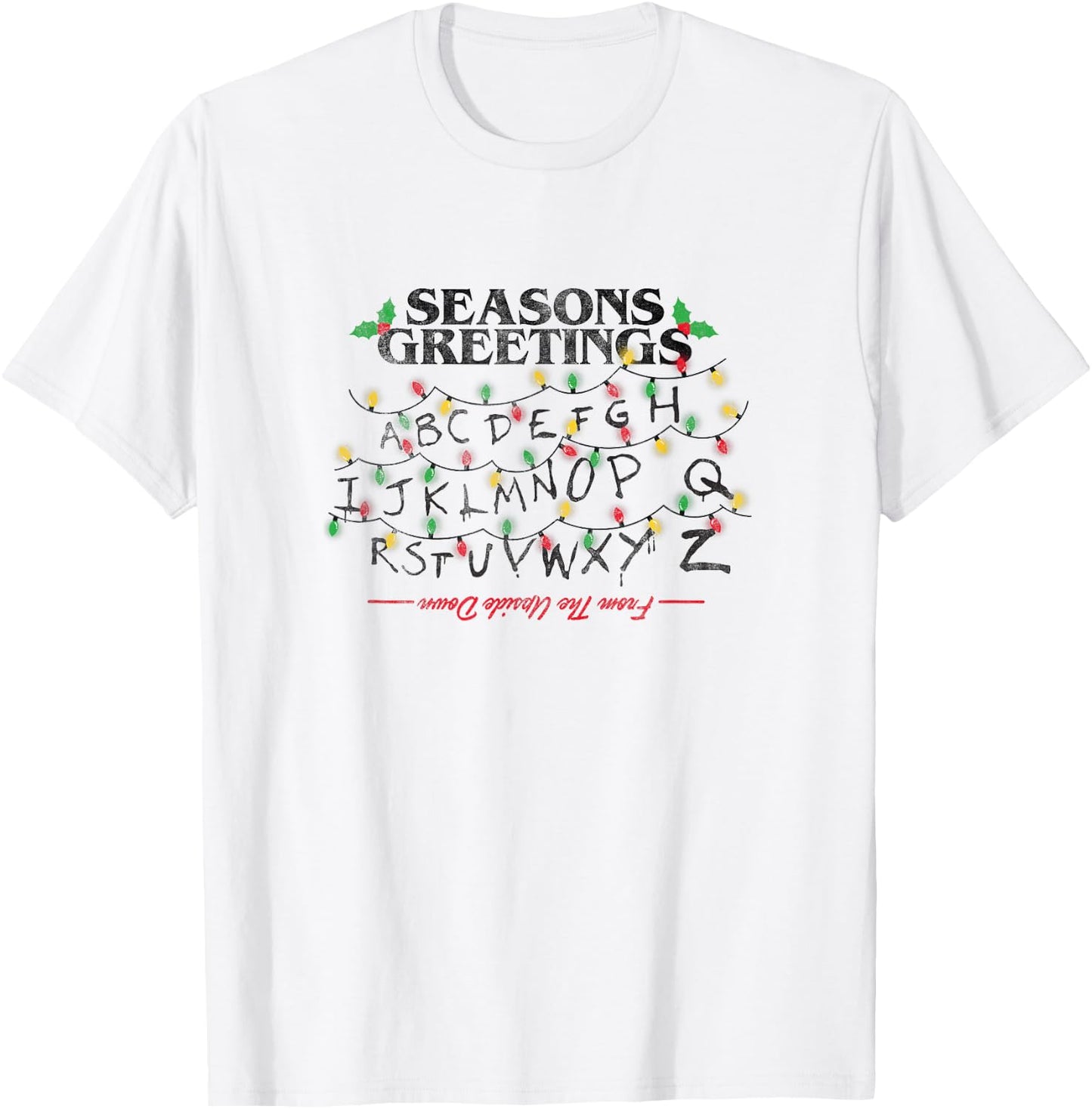 Stranger Things Christmas Greetings Upside Down Distressed T-Shirt - T-Shirt | White