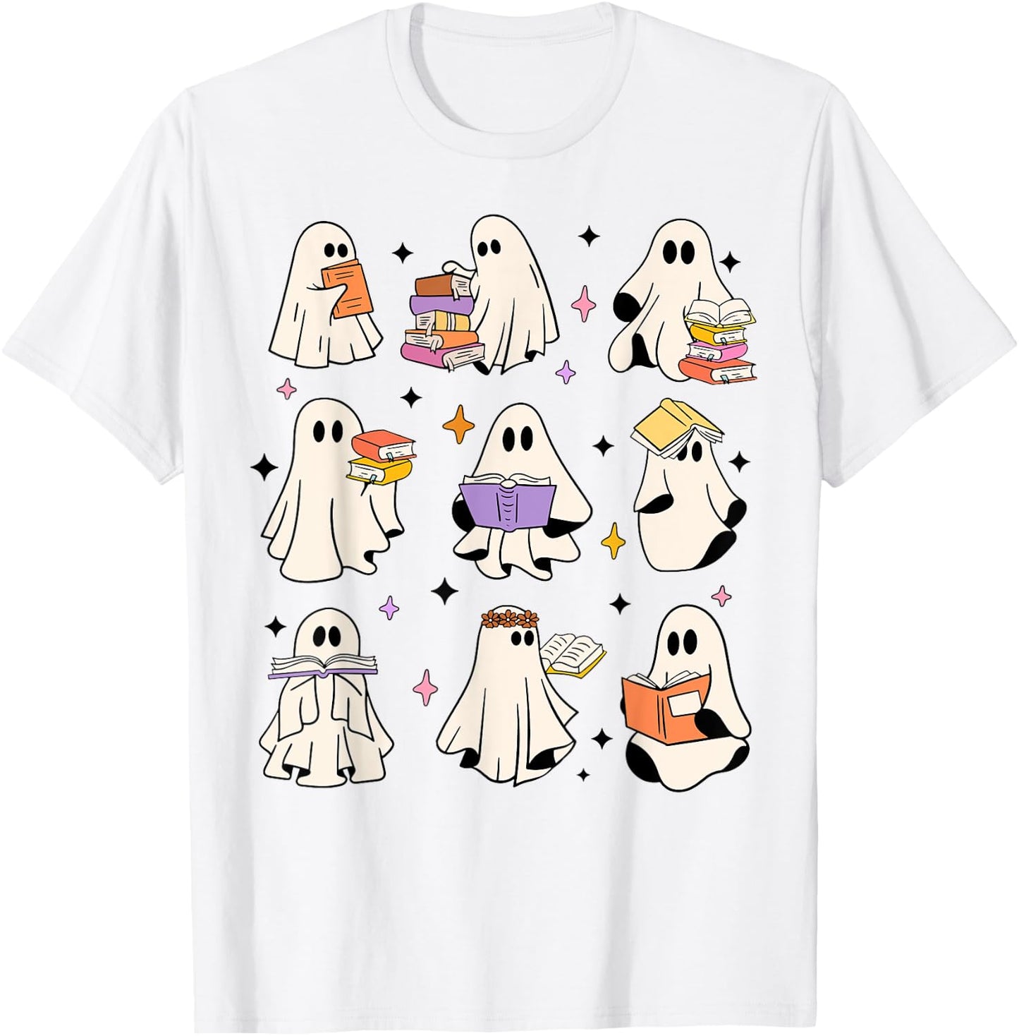 Ghosts Reading Books Teacher Halloween Librarian Boooks Women Kids T-Shirt - T-Shirt | White