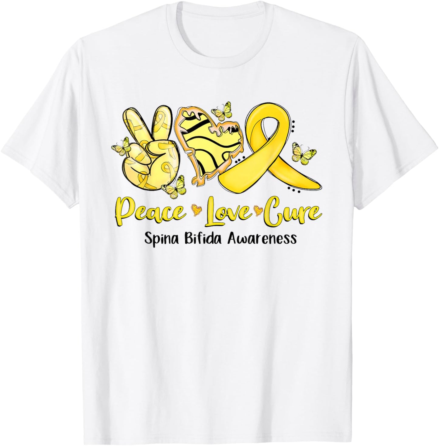 Peace Love Cure Yellow Ribbon Spina Bifida Awareness T-Shirt - T-Shirt | White