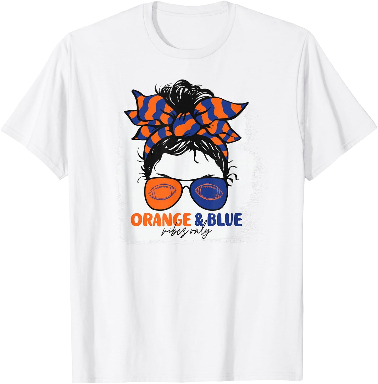 Orange and Blue Vibes Only Football Mom Gameday Messy Hair T-Shirt - T-Shirt | White