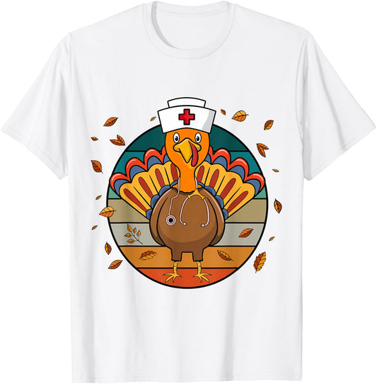 Happy Thanksgiving Funny Turkey Nurse T-Shirt - T-Shirt | White