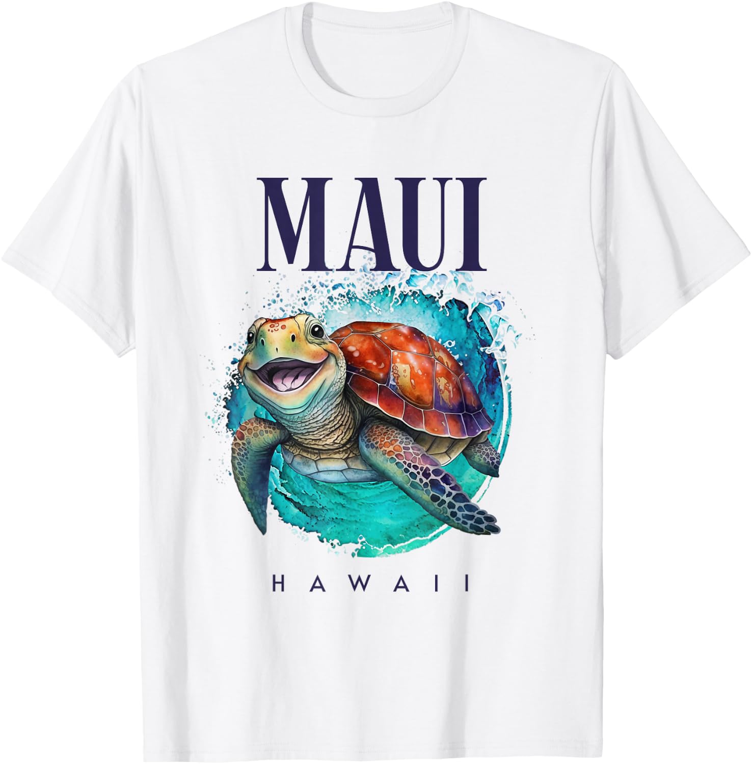 Maui Hawaii Watercolor Happy Sea Turtle T-Shirt - T-Shirt | White