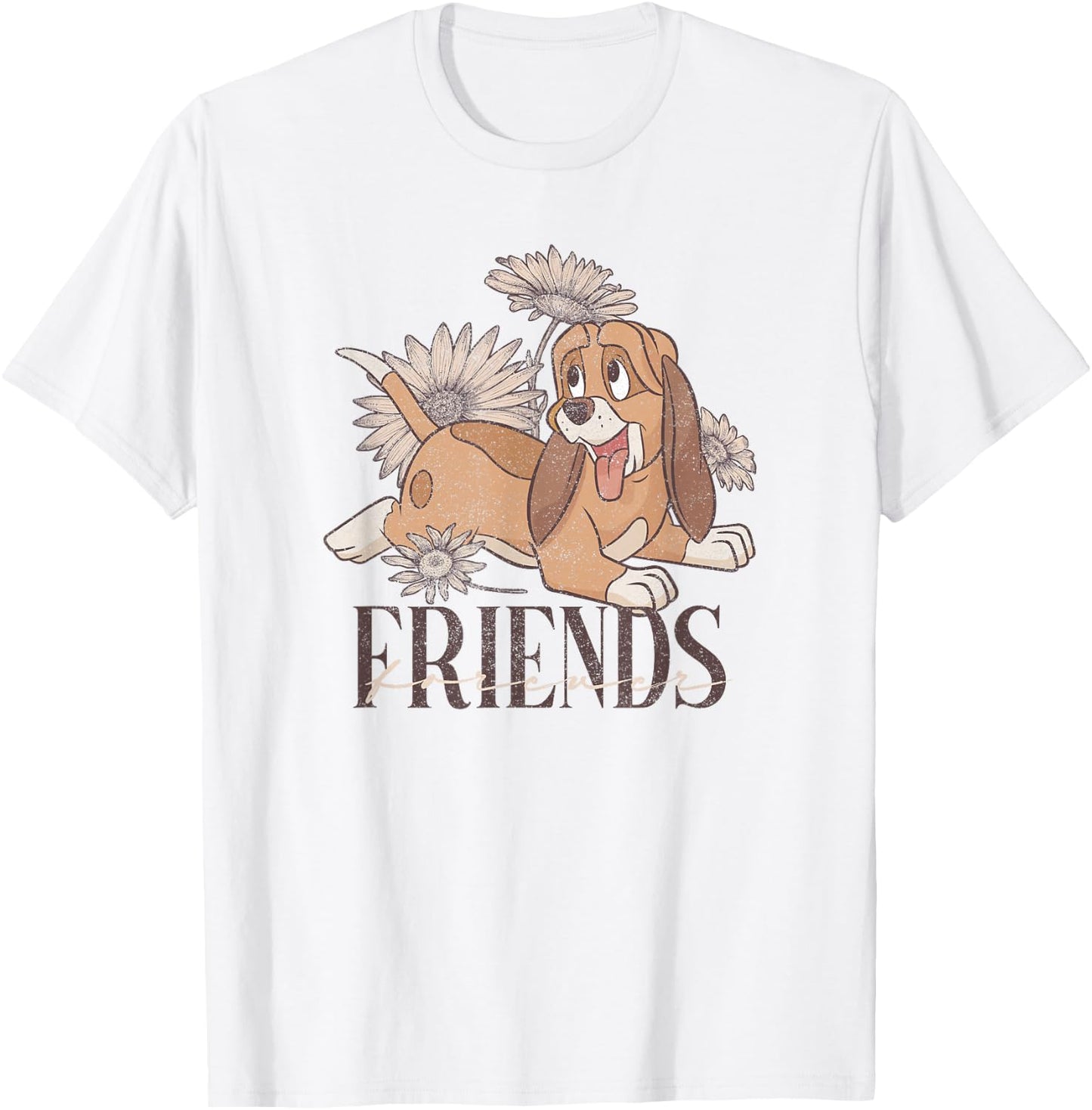 Disney The Fox and The Hound Friends Forever Floral Logo T-Shirt - T-Shirt | White