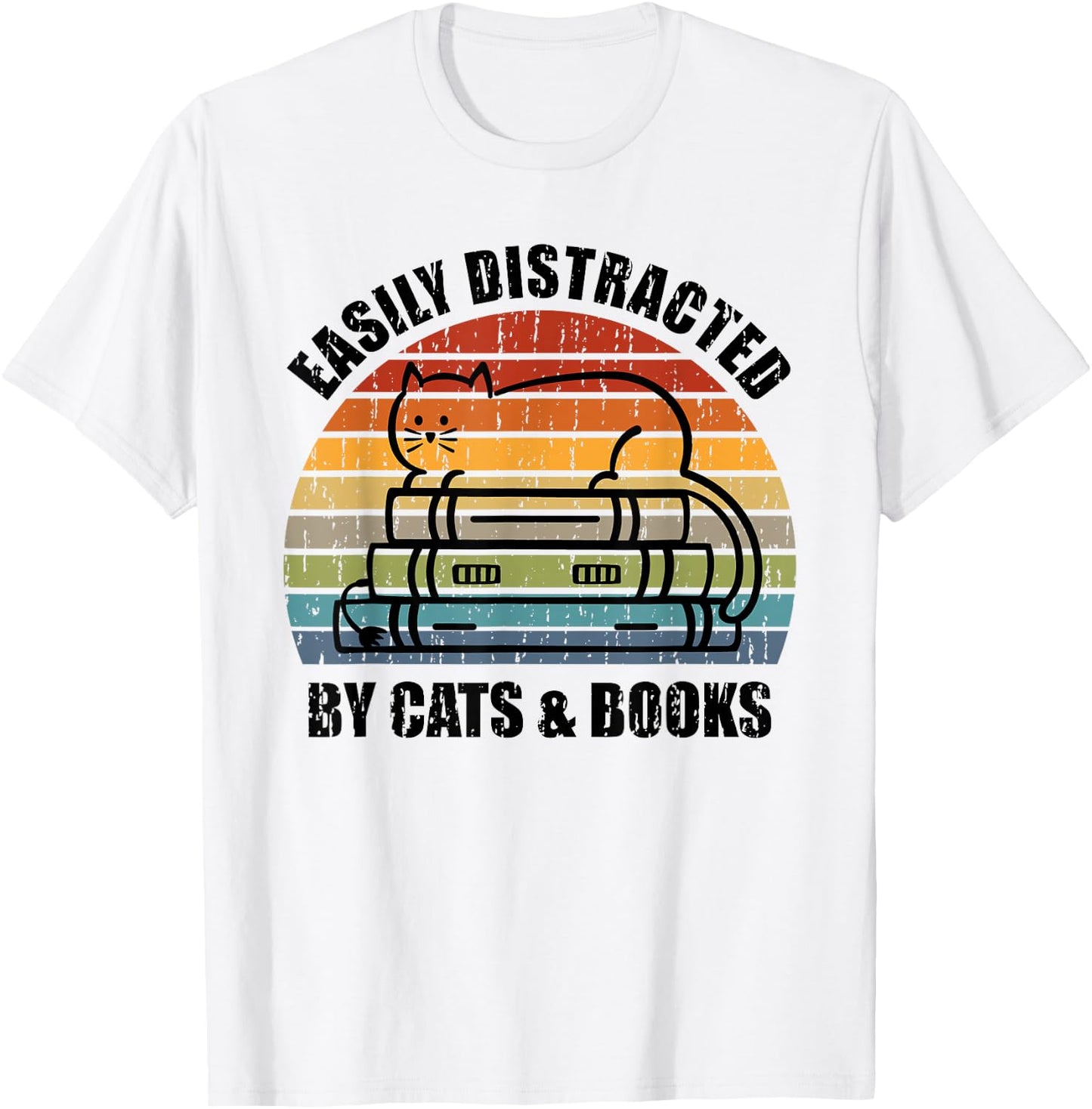 Easily Distracted by Cats and Books - Retro Cat & Book Lover T-Shirt - T-Shirt | White