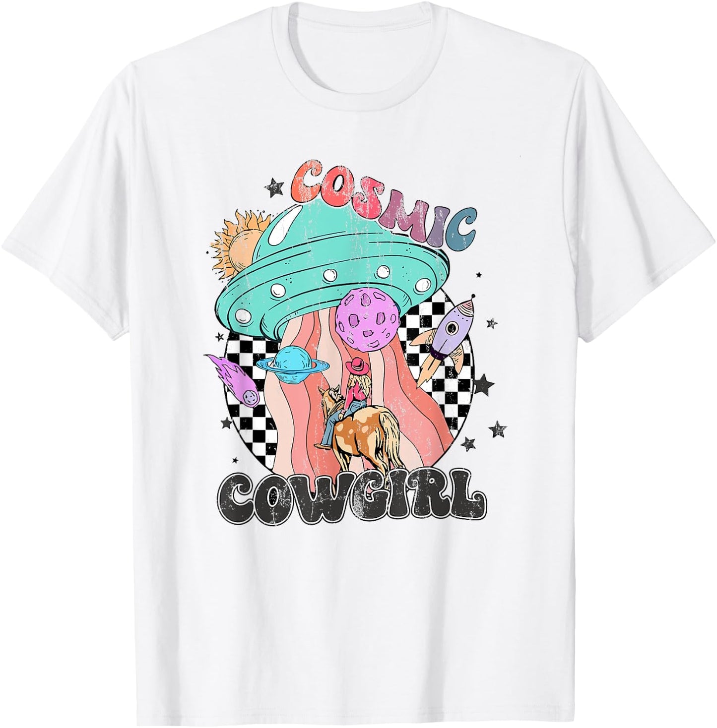 Retro Cosmic Cowgirl In Space Cowboy Western Country Cowgirl T-Shirt - T-Shirt | White