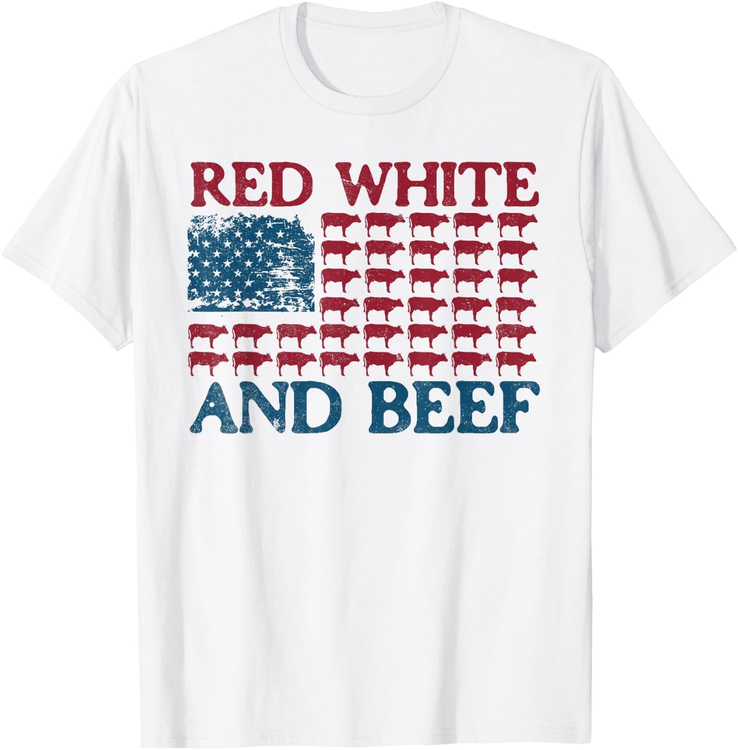 Red White And Beef 4th Of July Cattle American Flag Cow T-Shirt - T-Shirt | White