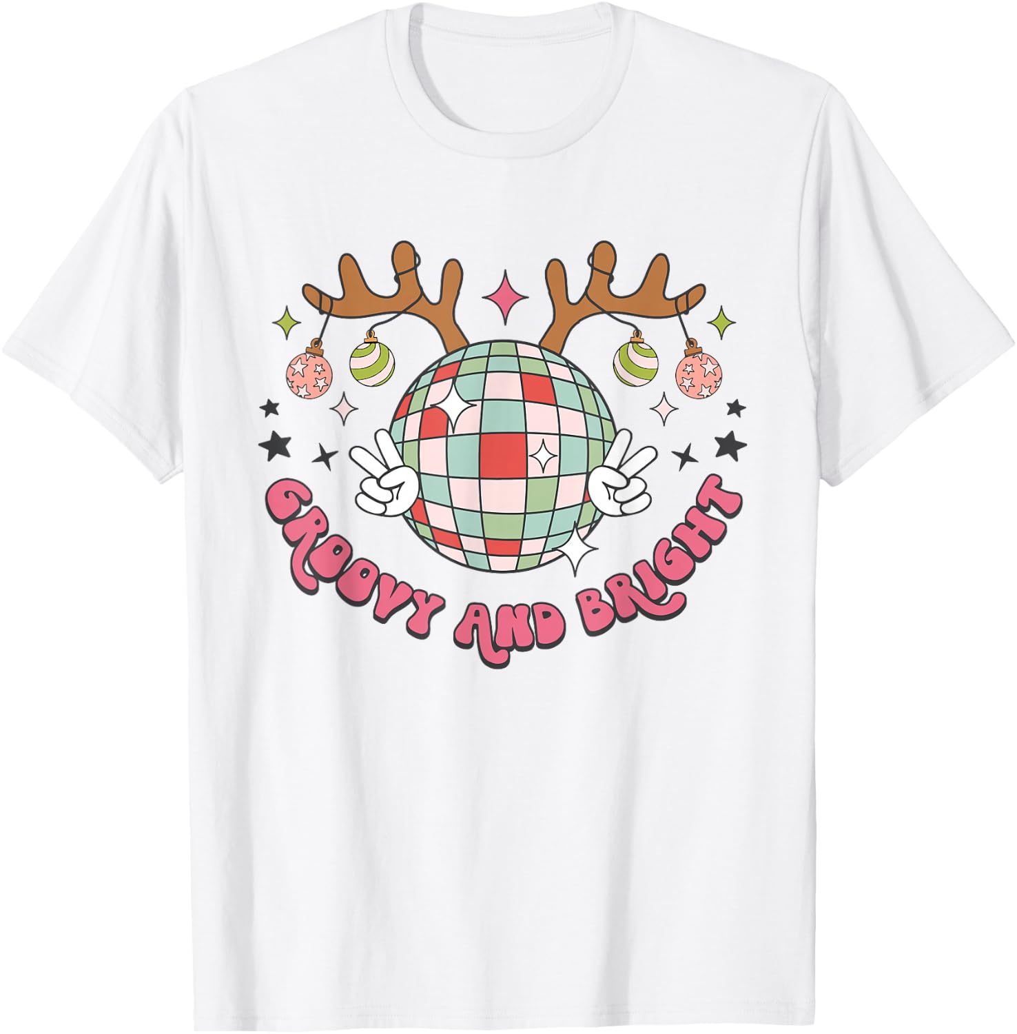 Groovy And Bright Merry Christmas Disco Ball Reindeer T-Shirt - T-Shirt | White