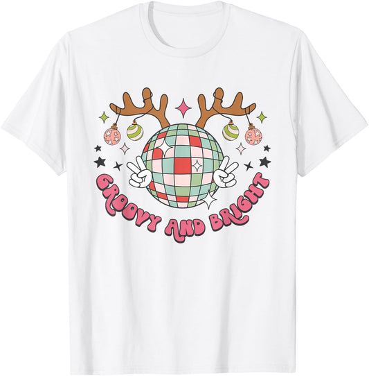 Groovy And Bright Merry Christmas Disco Ball Reindeer T-Shirt - T-Shirt | White