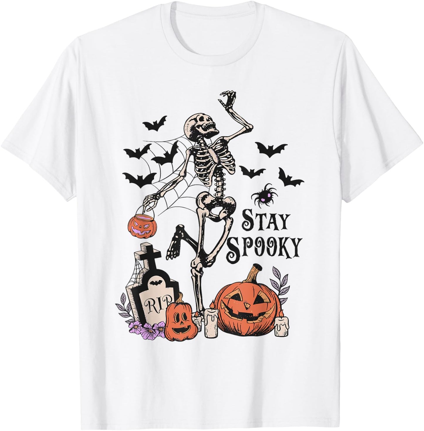 Dancing Skeleton Pumpkin Bat Tombstone Spooky Halloween T-Shirt - T-Shirt | White