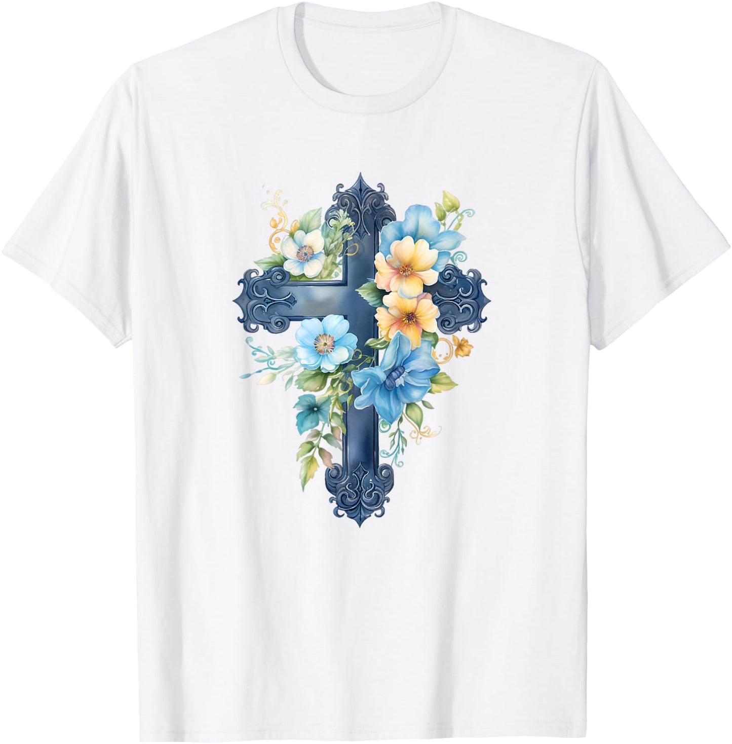 Catholic Watercolor Cross Graphic Women Floral Aesthetic T-Shirt - T-Shirt | White
