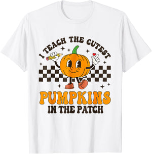 I Teach The Cutest Pumpkins In The Patch Groovy Teacher Fall T-Shirt - T-Shirt | White