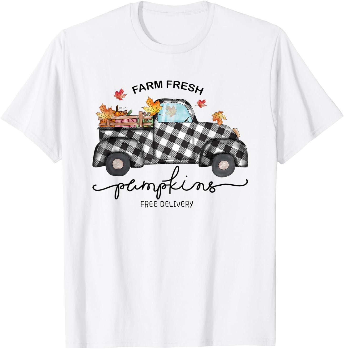 Farm Fresh Pumpkins Autumn Leaves Truck Buffalo Plaid Fall T-Shirt - T-Shirt | White