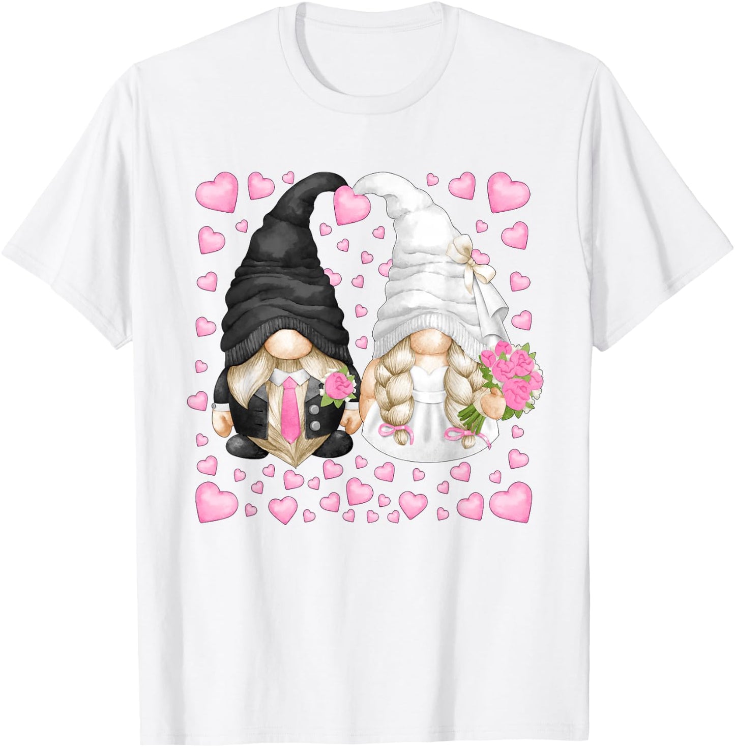 Cute Heart Pattern For Wedding Mr. Groom Mrs. Bride Gnome T-Shirt - T-Shirt | White