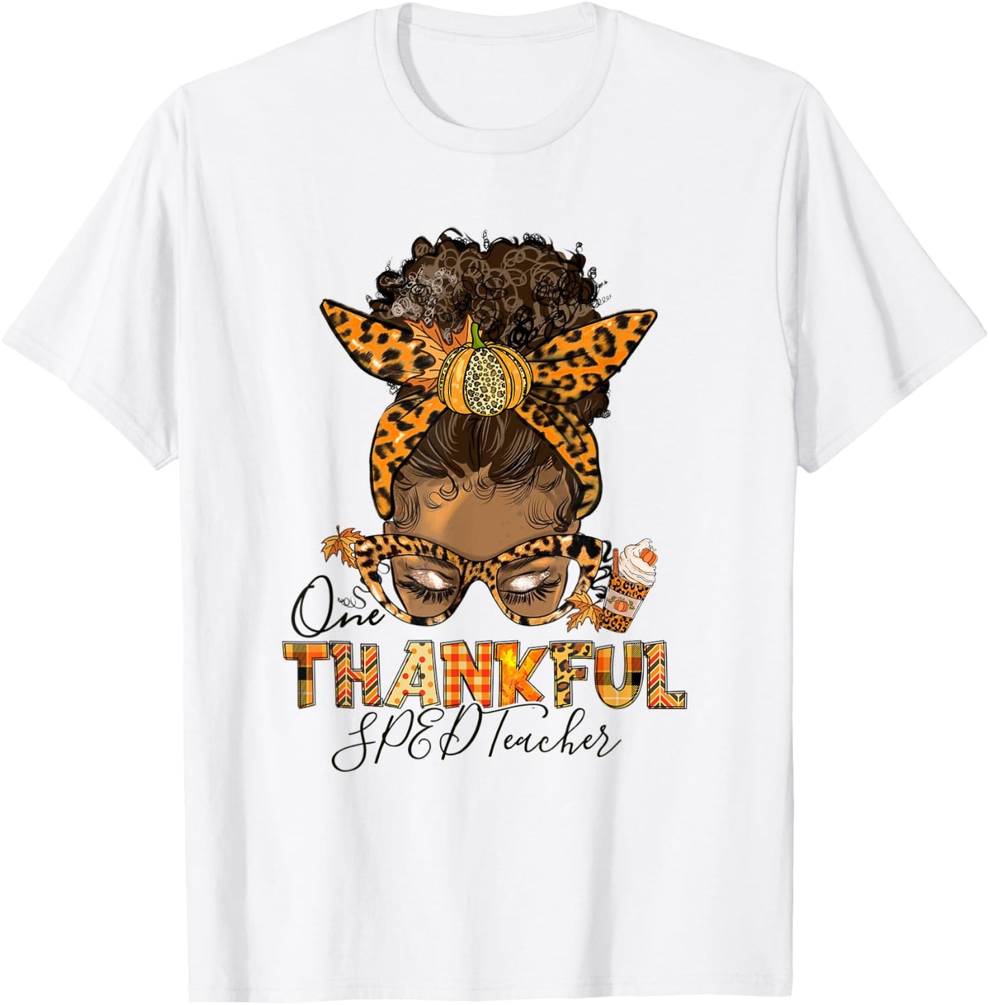 One Thankful SPED Teacher Messy Bun Thanksgiving Afro Women T-Shirt - T-Shirt | White