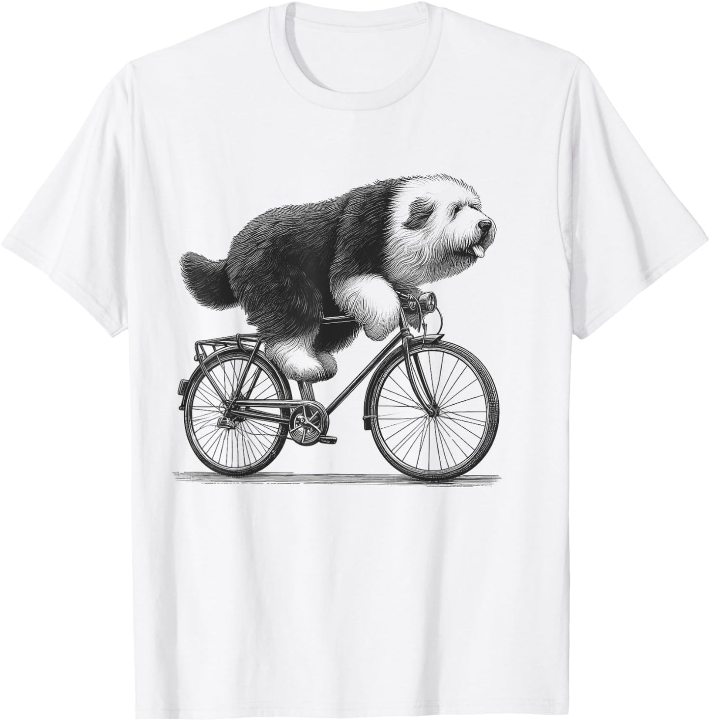 Old English Sheepdog Dog Riding a Bike Bicycle Biker Cycling T-Shirt - T-Shirt | White