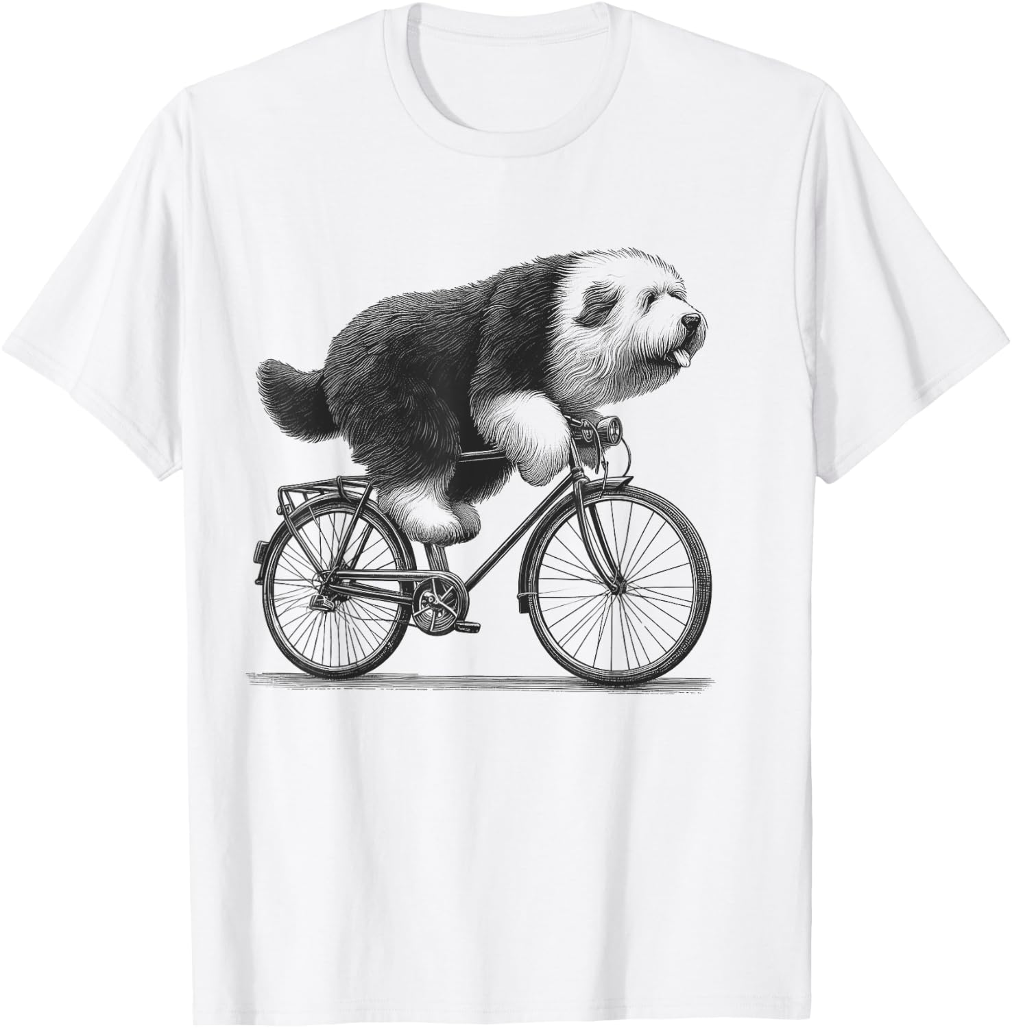 Old English Sheepdog Dog Riding a Bike Bicycle Biker Cycling T-Shirt - T-Shirt | White