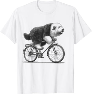 Old English Sheepdog Dog Riding a Bike Bicycle Biker Cycling T-Shirt - T-Shirt | White