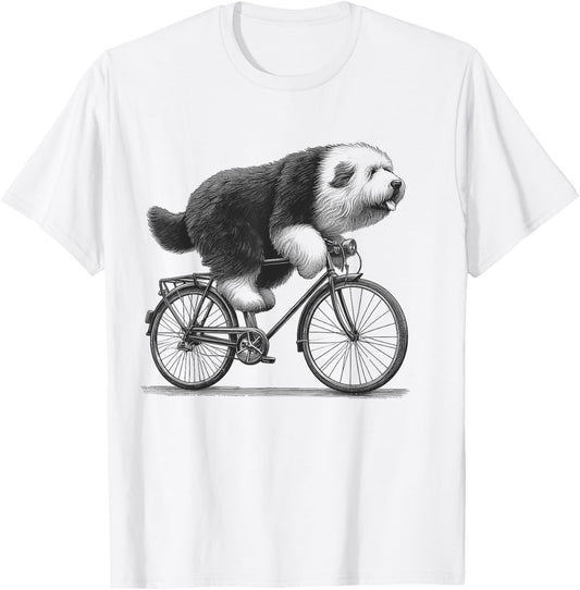 Old English Sheepdog Dog Riding a Bike Bicycle Biker Cycling T-Shirt - T-Shirt | White