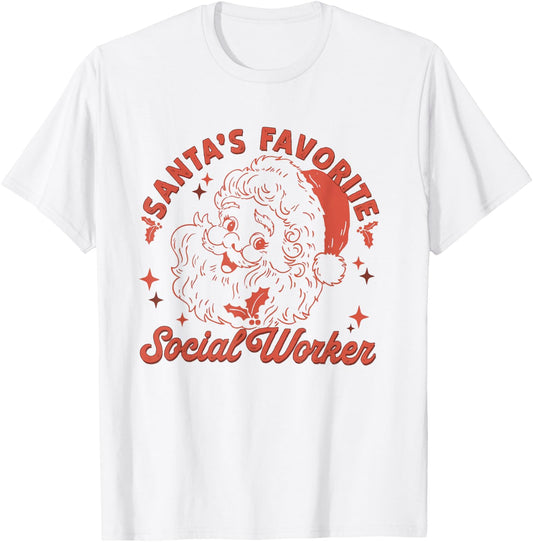 Retro Santa's Favorite Social Worker Christmas Social Worker T-Shirt - T-Shirt | White