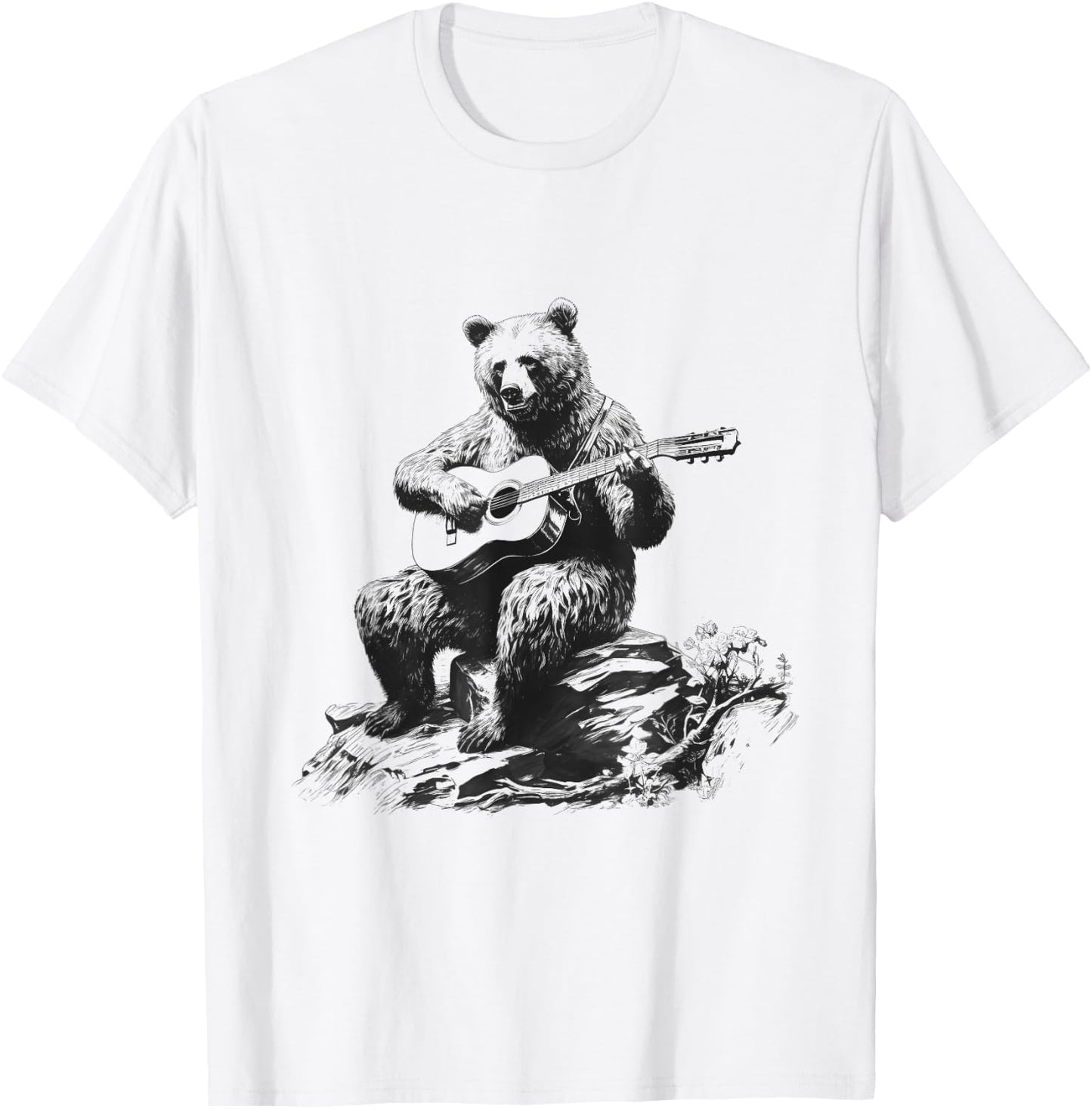 Bear Playing Acoustic Guitar Vintage Guitarist Music Lovers T-Shirt - T-Shirt | White
