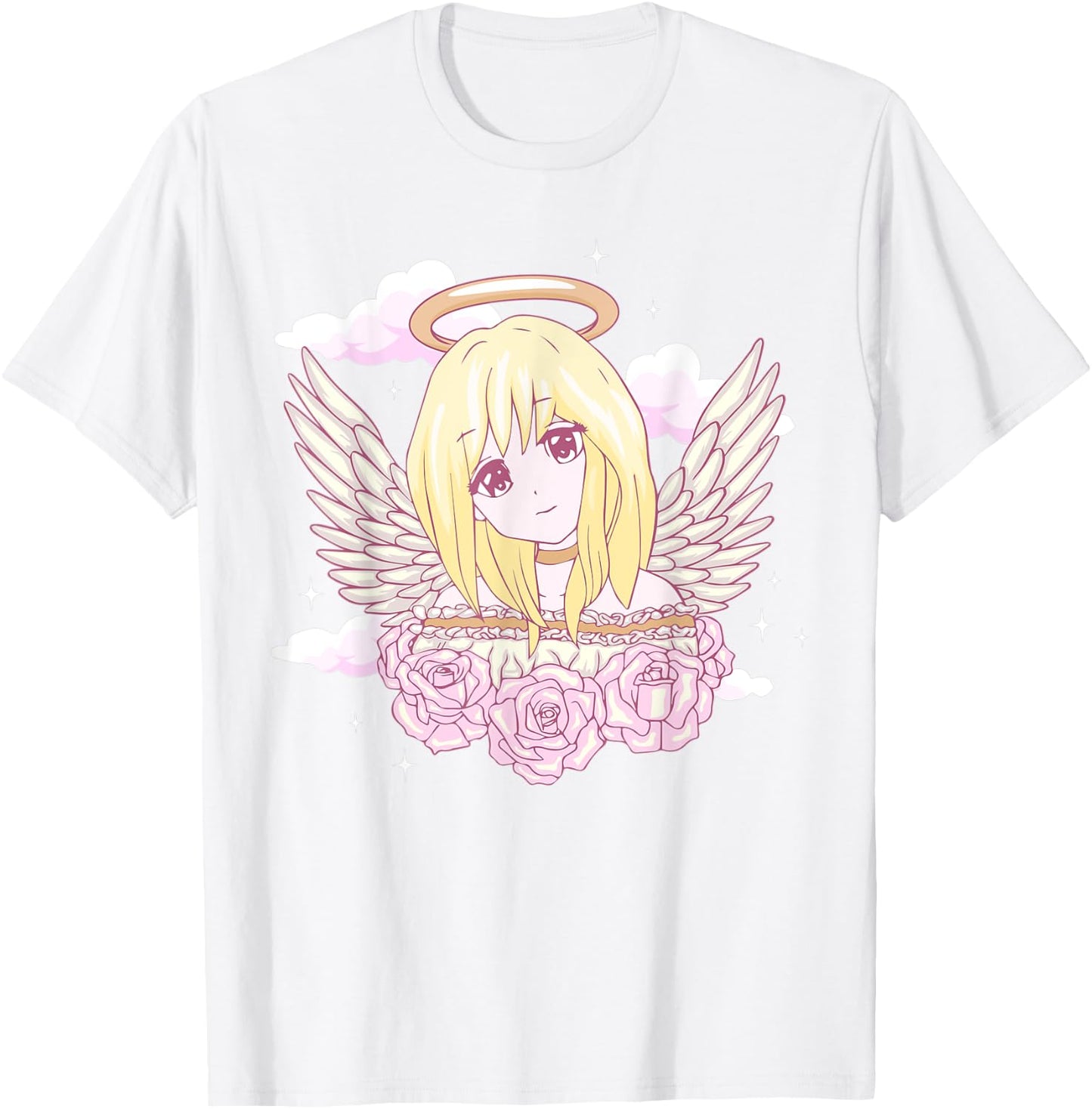 Angelcore Aesthetic Anime Girl Roses Angel Halo T-Shirt - T-Shirt | White