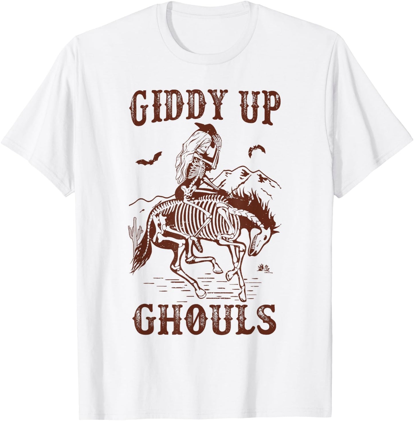 Giddy Up Ghouls Halloween Western Cowgirl Cowboy Skeleton T-Shirt - T-Shirt | White