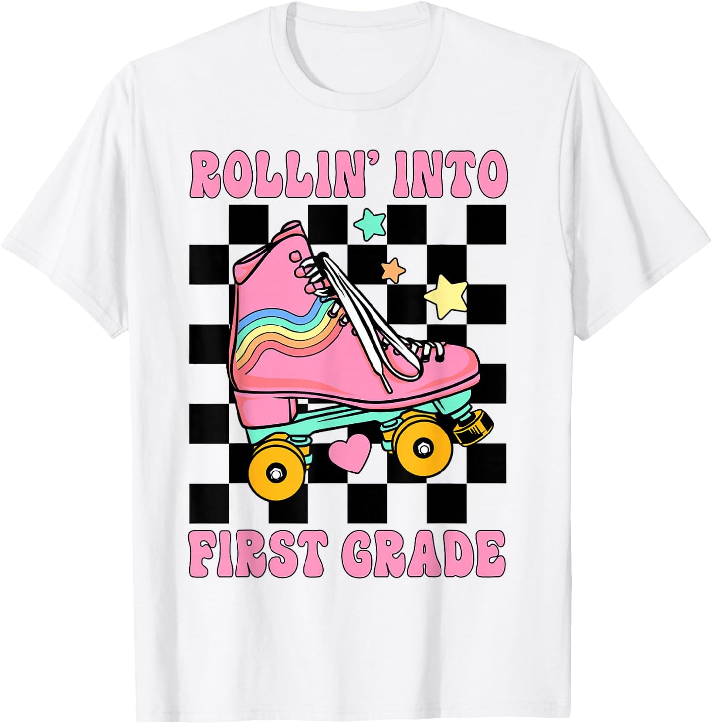 Rolling Into First Grade Retro Roller Skates Back To School T-Shirt - T-Shirt | White