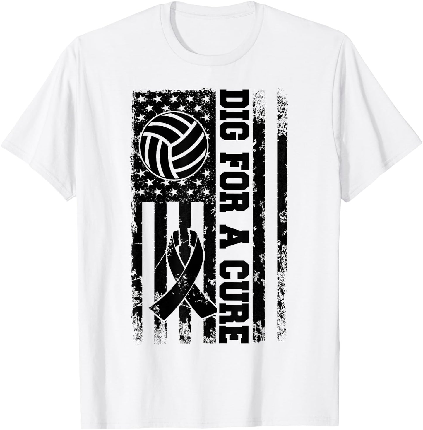 Dig For A Cure Breast Cancer Volleyball Pink American Flag T-Shirt - T-Shirt | White