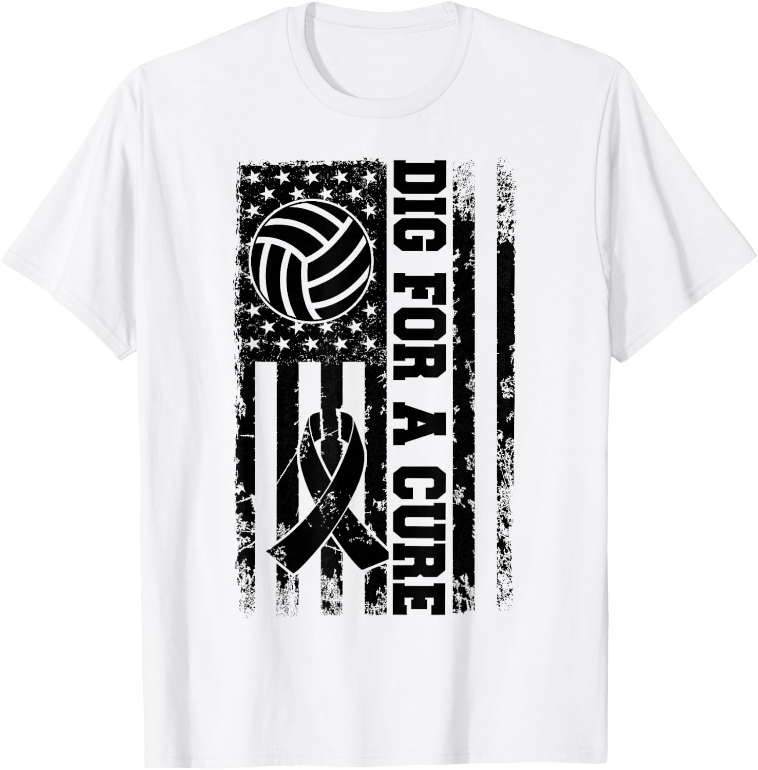 Dig For A Cure Breast Cancer Volleyball Pink American Flag T-Shirt - T-Shirt | White
