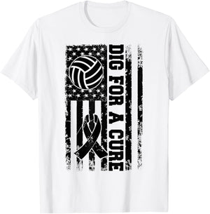 Dig For A Cure Breast Cancer Volleyball Pink American Flag T-Shirt - T-Shirt | White
