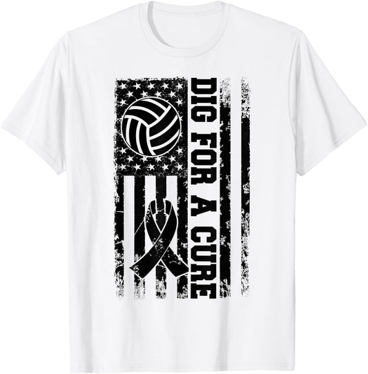 Dig For A Cure Breast Cancer Volleyball Pink American Flag T-Shirt - T-Shirt | White