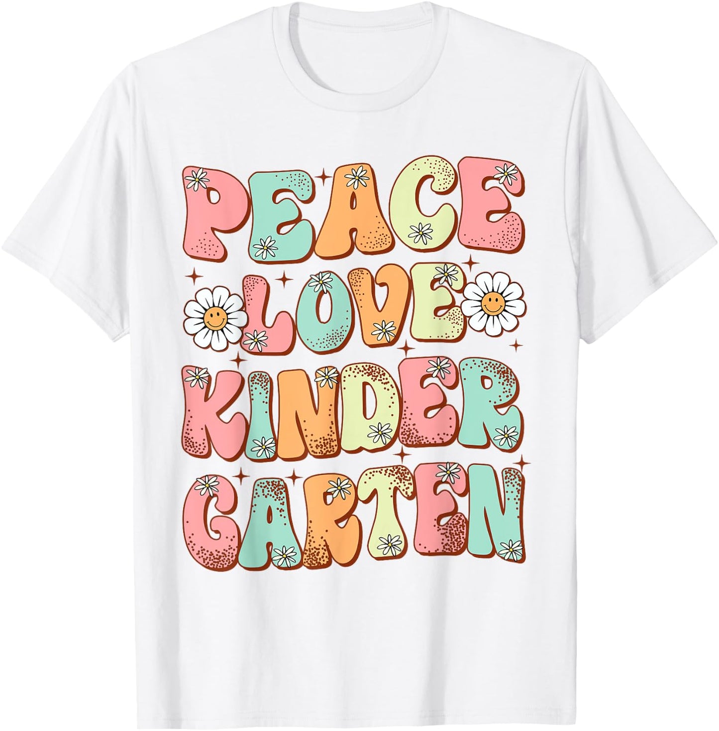 Peace Love Kindergarten Groovy First Day of Kindergarten T-Shirt - T-Shirt | White