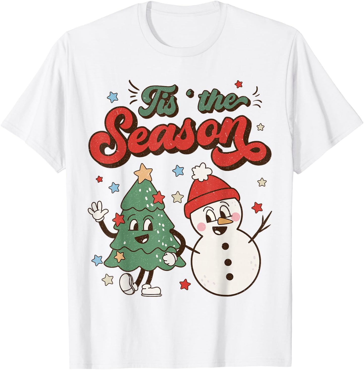 Vintage Christmas Tis The Season Christmas Tree Snowman T-Shirt - T-Shirt | White