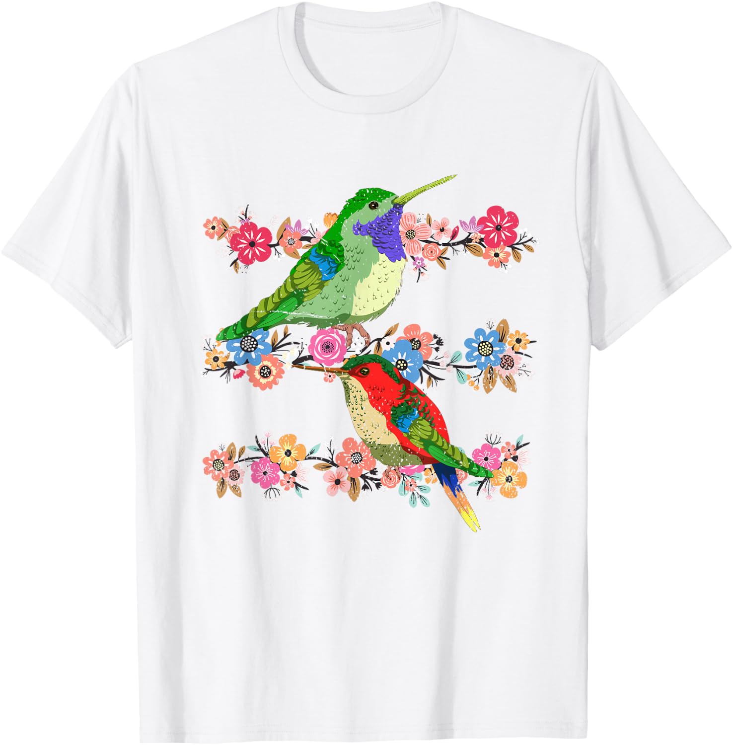 Animal Lover Flowers Pretty Bird Floral Vintage Hummingbird T-Shirt - T-Shirt | White