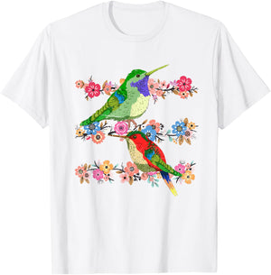 Animal Lover Flowers Pretty Bird Floral Vintage Hummingbird T-Shirt - T-Shirt | White