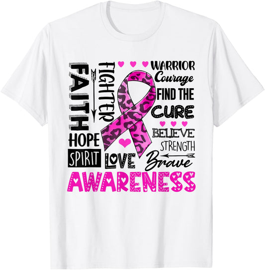 Breast Cancer Awareness Survivor Warrior Leopard Pink Ribbon T-Shirt - T-Shirt | White