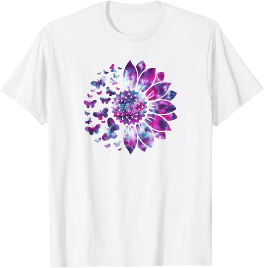 Sunflower Sun Flower Tie Dye Daisy Butterflies Women Girls T-Shirt - T-Shirt | White