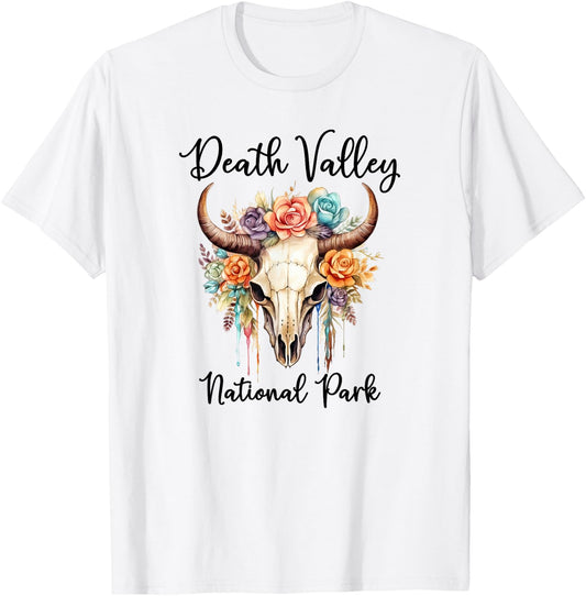 DEATH VALLEY NATIONAL PARK Skull with Colorful Flowers T-Shirt - T-Shirt | White