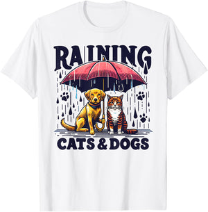 Funny Idiom Raining Cats and Dogs canine feline Puppy Kitty T-Shirt - T-Shirt | White