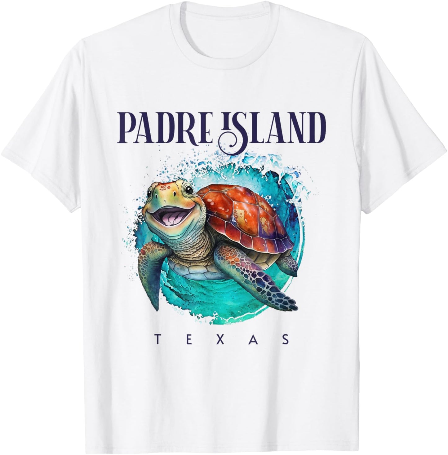 Padre Island Texas Watercolor Happy Sea Turtle T-Shirt - T-Shirt | White