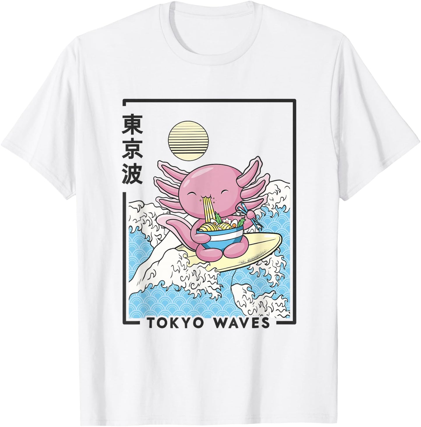 Axolotl Eating Ramen Japanese Waves Kids Kawaii Aesthetic T-Shirt - T-Shirt | White