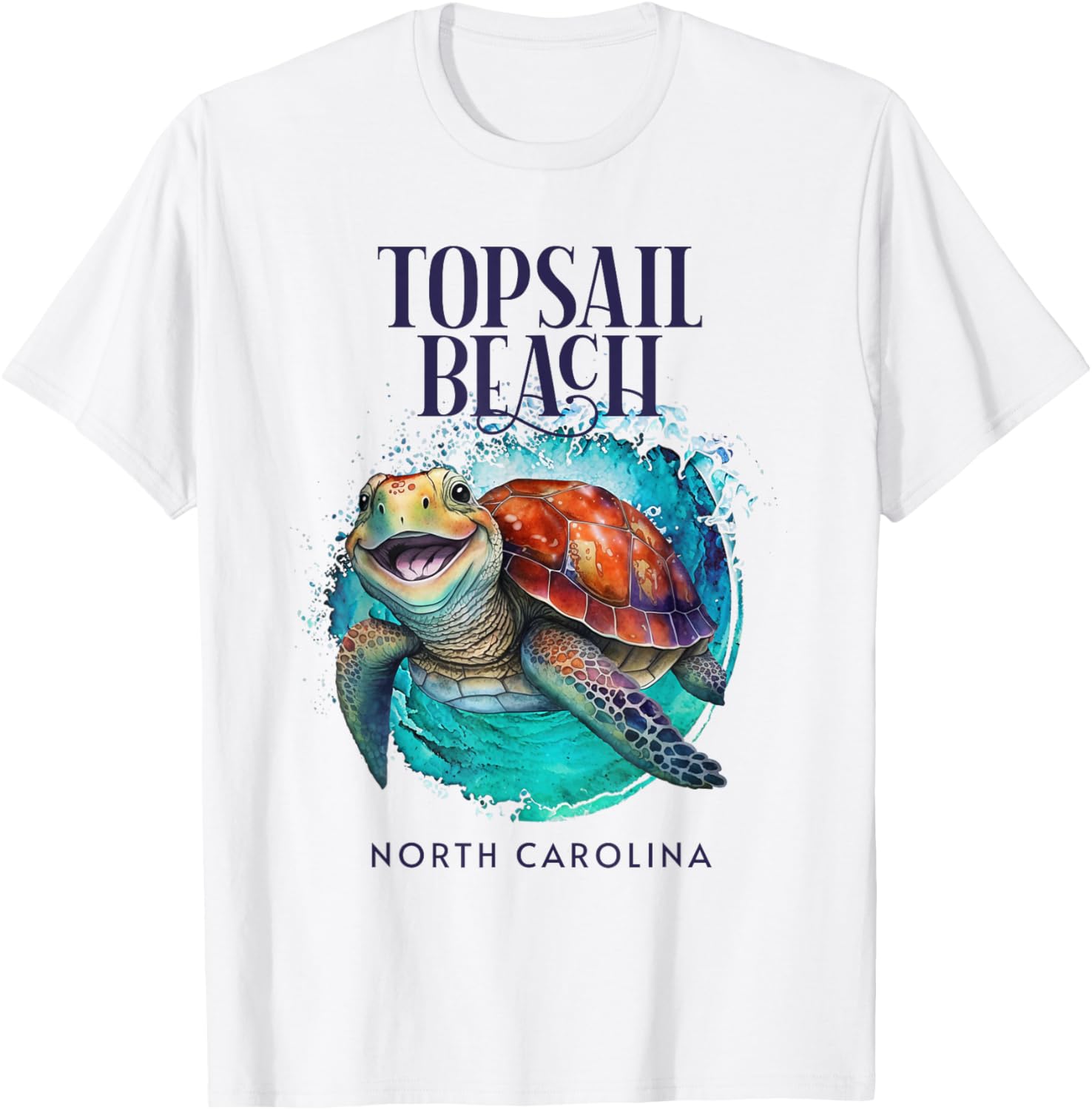 Topsail Beach North Carolina Watercolor Happy Sea Turtle Men Women Kids T-Shirt - T-Shirt | White