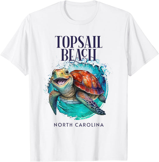 Topsail Beach North Carolina Watercolor Happy Sea Turtle Men Women Kids T-Shirt - T-Shirt | White