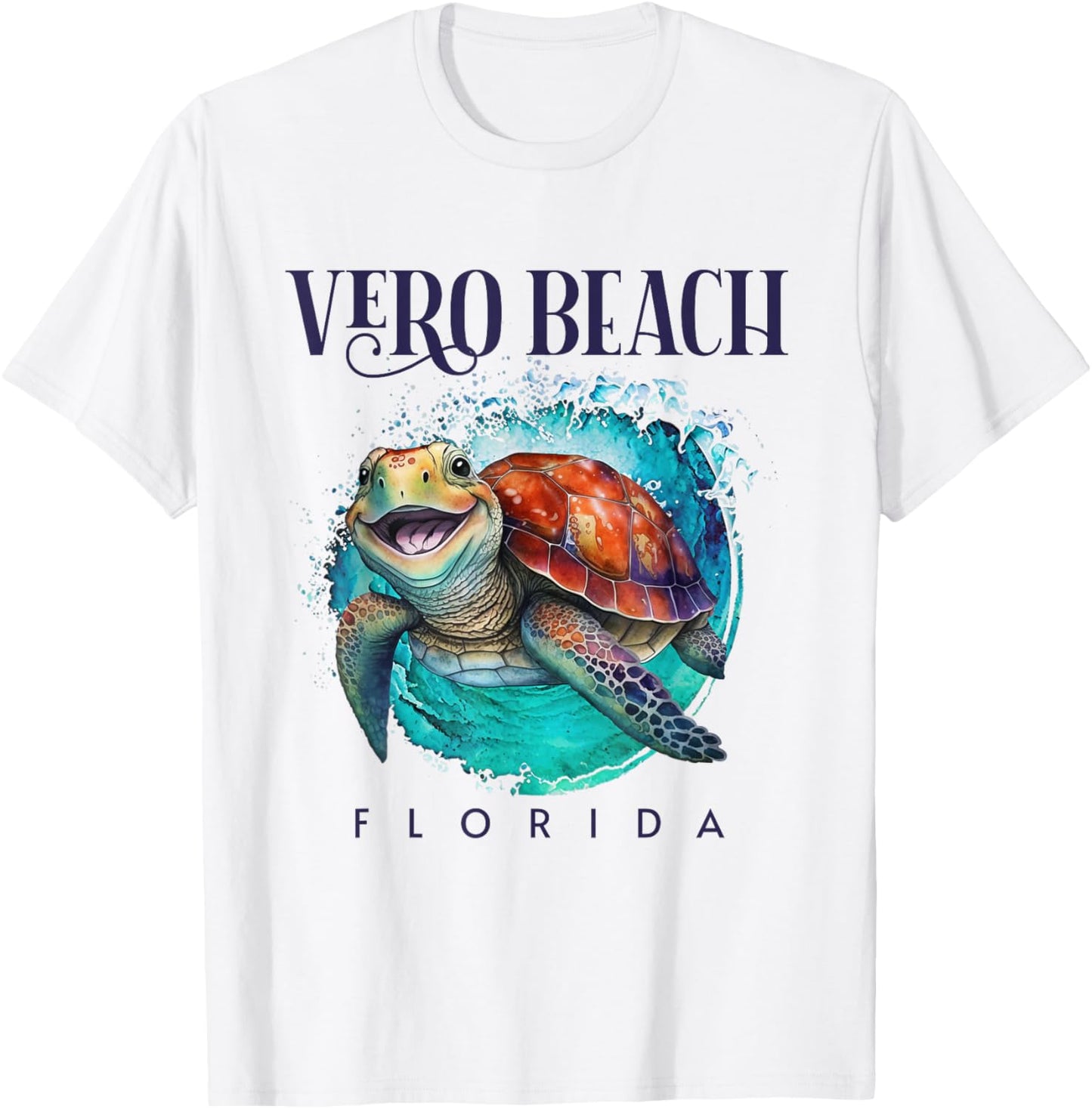 Vero Beach Florida Watercolor Happy Sea Turtle T-Shirt - T-Shirt | White