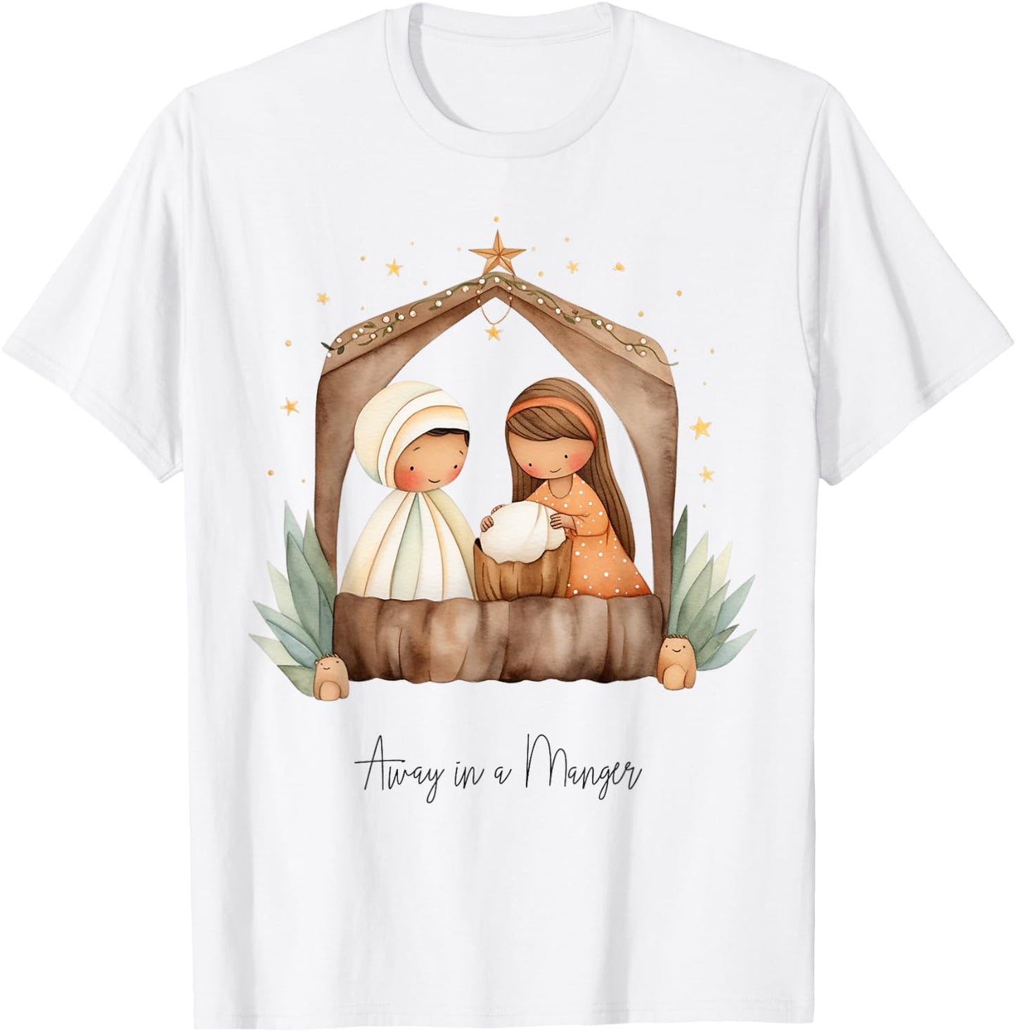Boho Nativity Scene Away in a Manger Christmas T-Shirt - T-Shirt | White