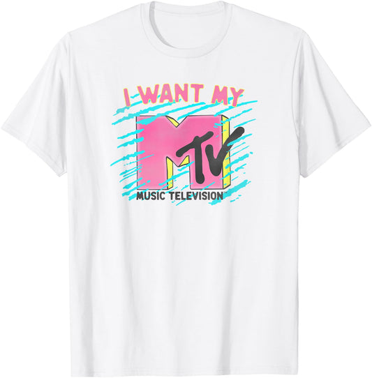 MTV Music Television I Want My MTV Neon Classic Logo T-Shirt - T-Shirt | White