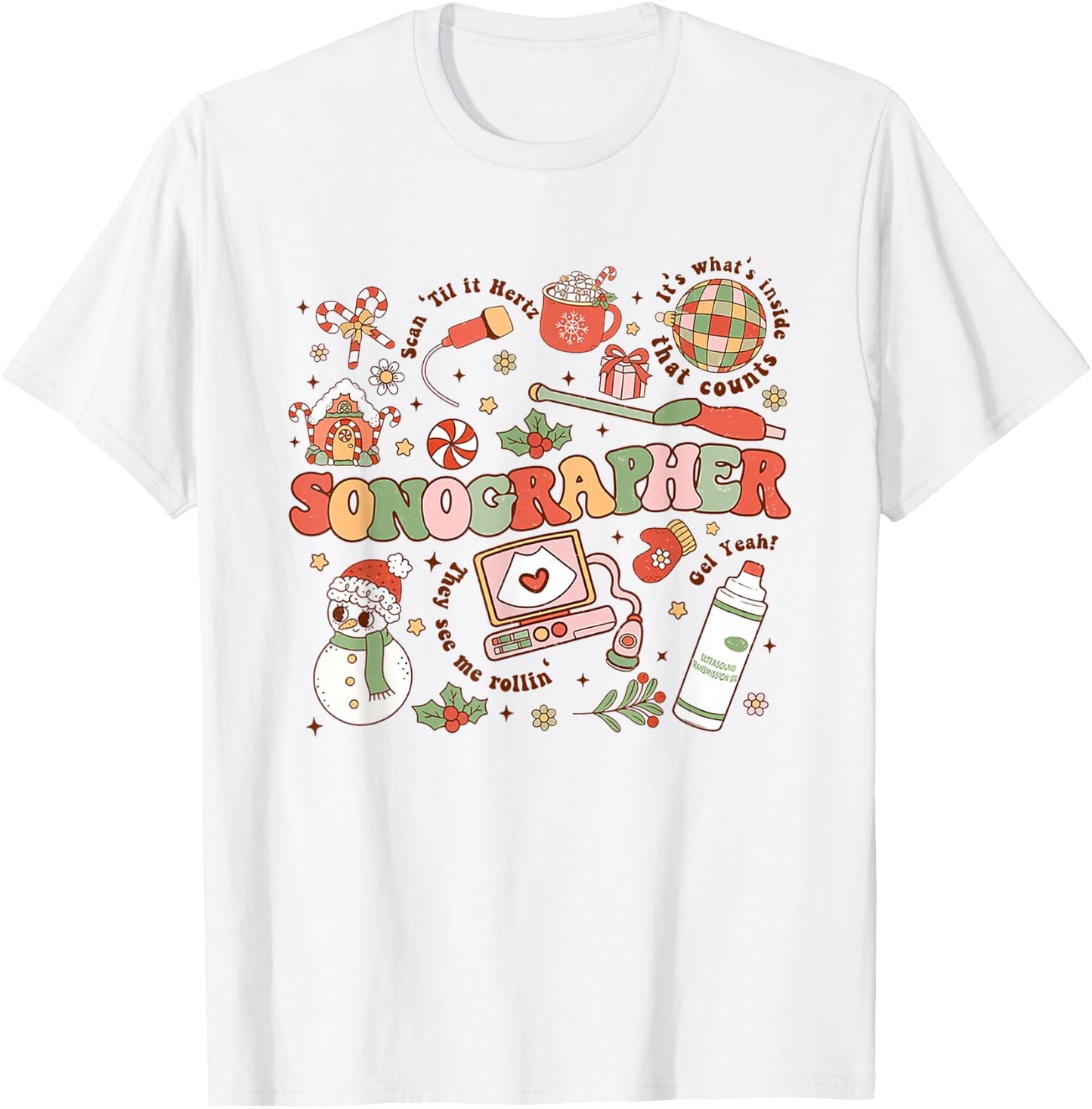Women Retro Christmas Sonographer Ultrasound Technologist T-Shirt - T-Shirt | White