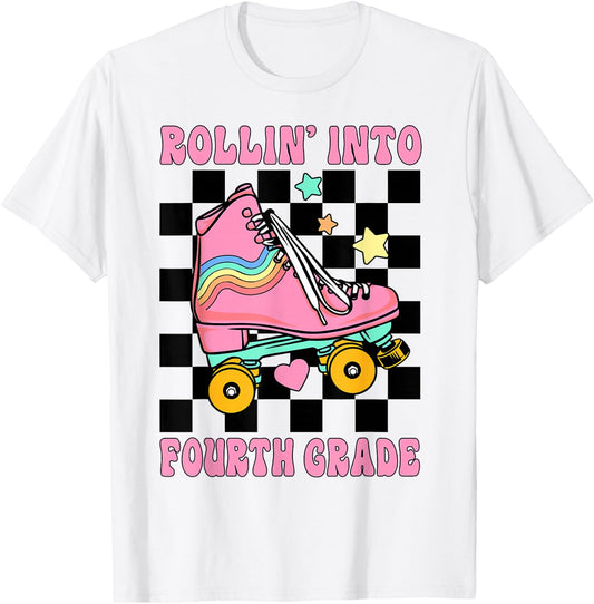 Rolling Into Fourth Grade Retro Roller Skates Back To School T-Shirt - T-Shirt | White